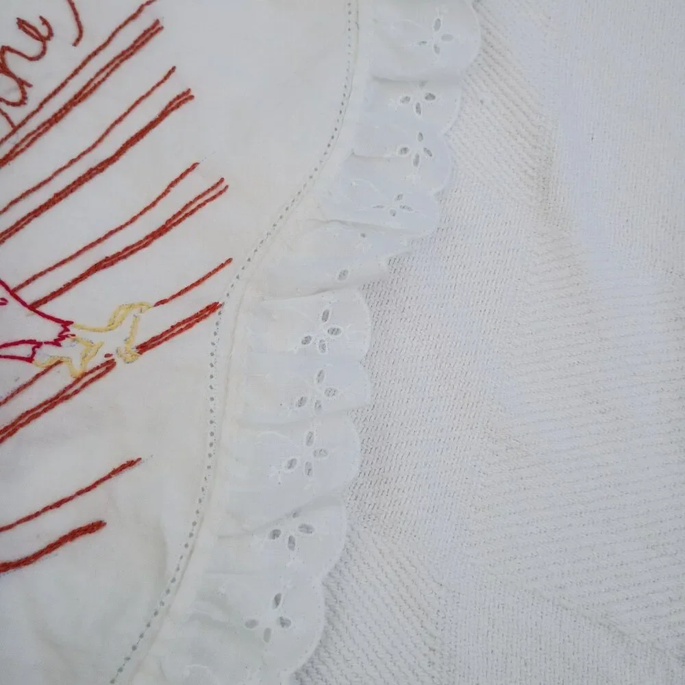 VTG Hand Embroidered Rooster Pillowcase White Eyelet Trim 20x30 Queen Cottage
